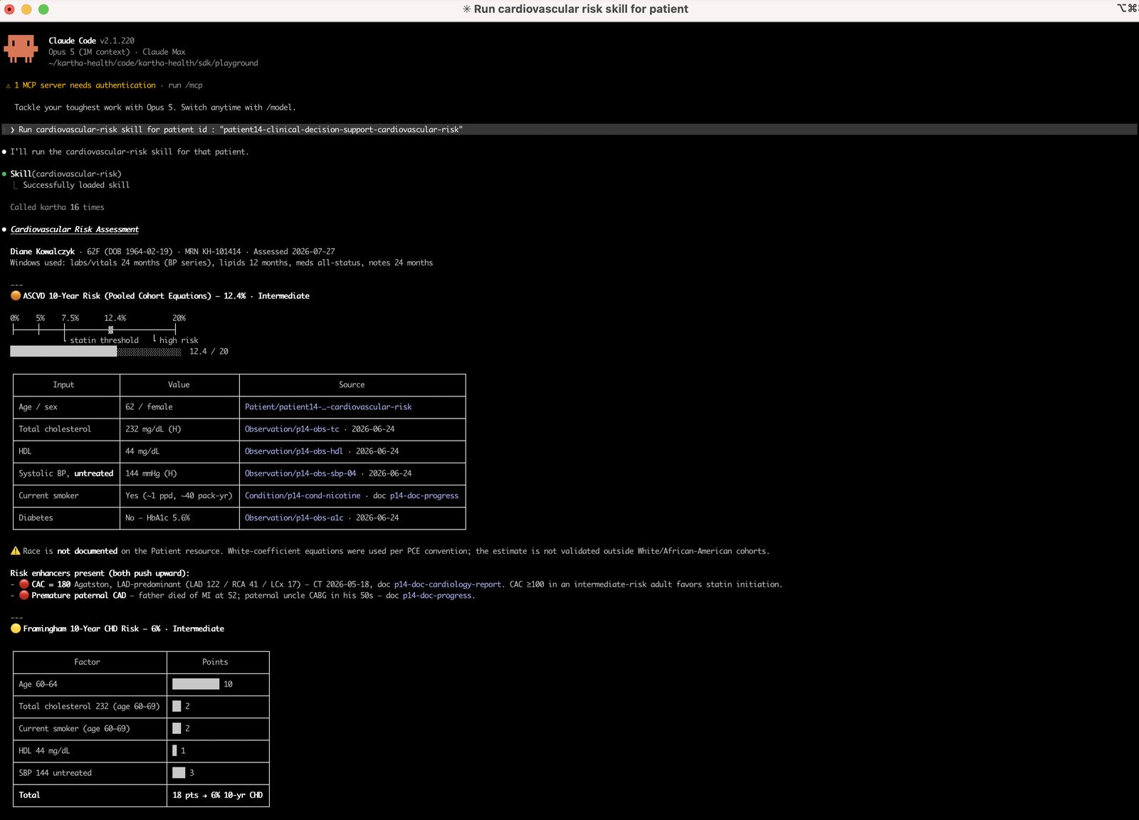 Claude Code as the front end: one prompt, sixteen guardrailed Kartha calls into the EMR, and a cited ASCVD assessment where every input traces to its FHIR source